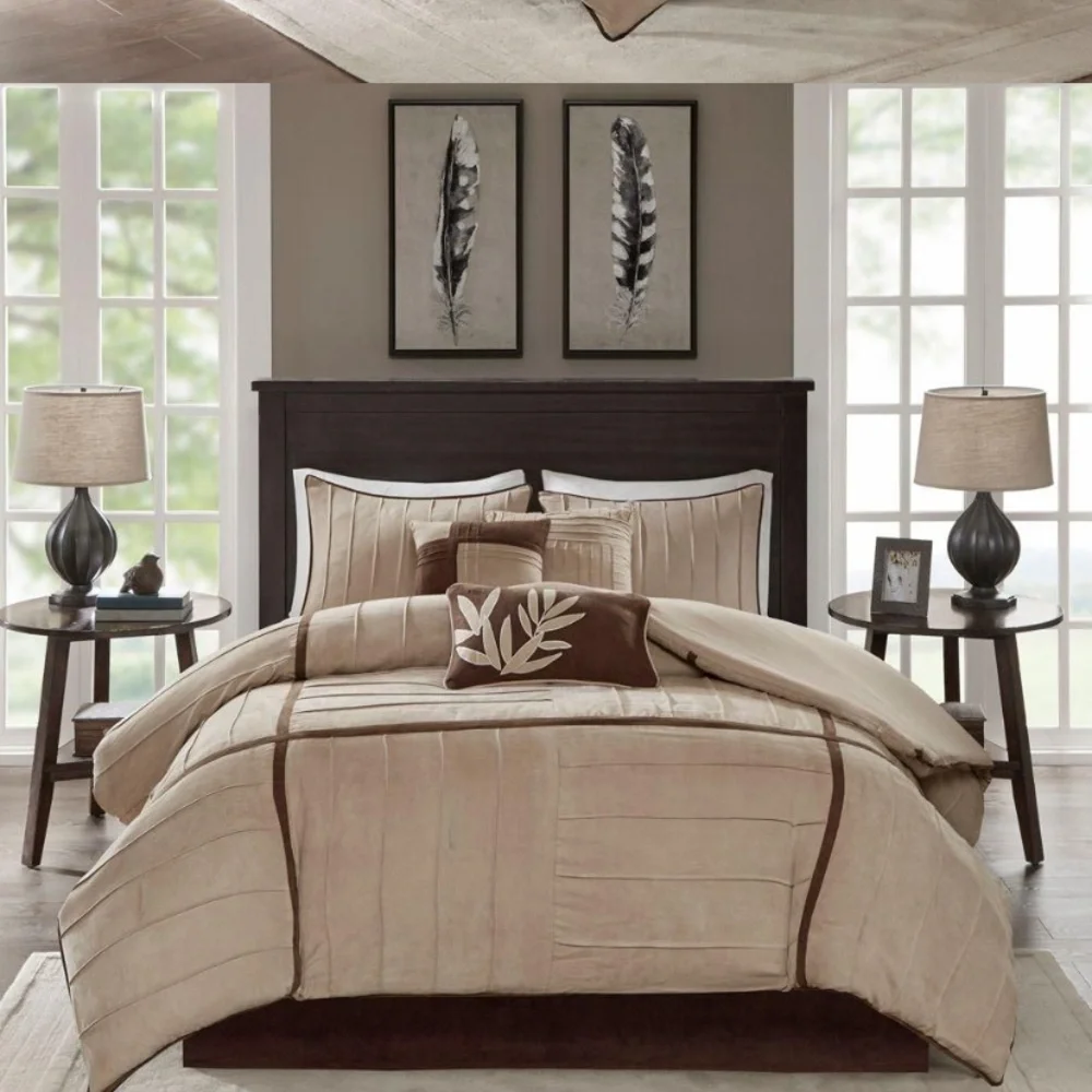 One day sale Madison Park Microsuede 7 pc set Queen Cream and Brown Bedding Set